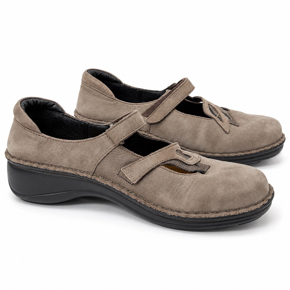Naot Mary Janes Women 40 9 Taupe Brown Leather Leaf Cutout Comfort Wedge Shoes